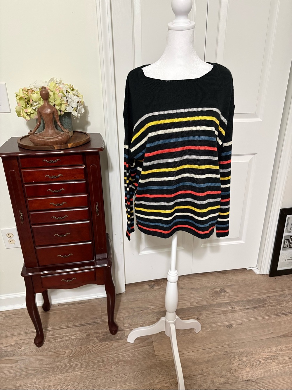 For The Republic Black Scoop-Neck Sweater with Yellow, Blue, Red & White Stripes